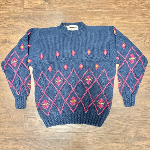 Vintage Heather & Tweed Hand Knitted Cable Knit Navy Christmas Sweater Size L - Picture 1 of 4
